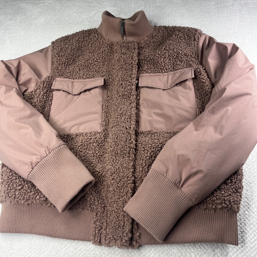 UpWest Mixed Media Borg Fleece Bomber Jacket Mauve Brown Large Full Zip